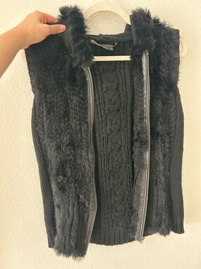 BCBGMaxAzria Black Faux Fur-Trim Knit Pea Coat Vest